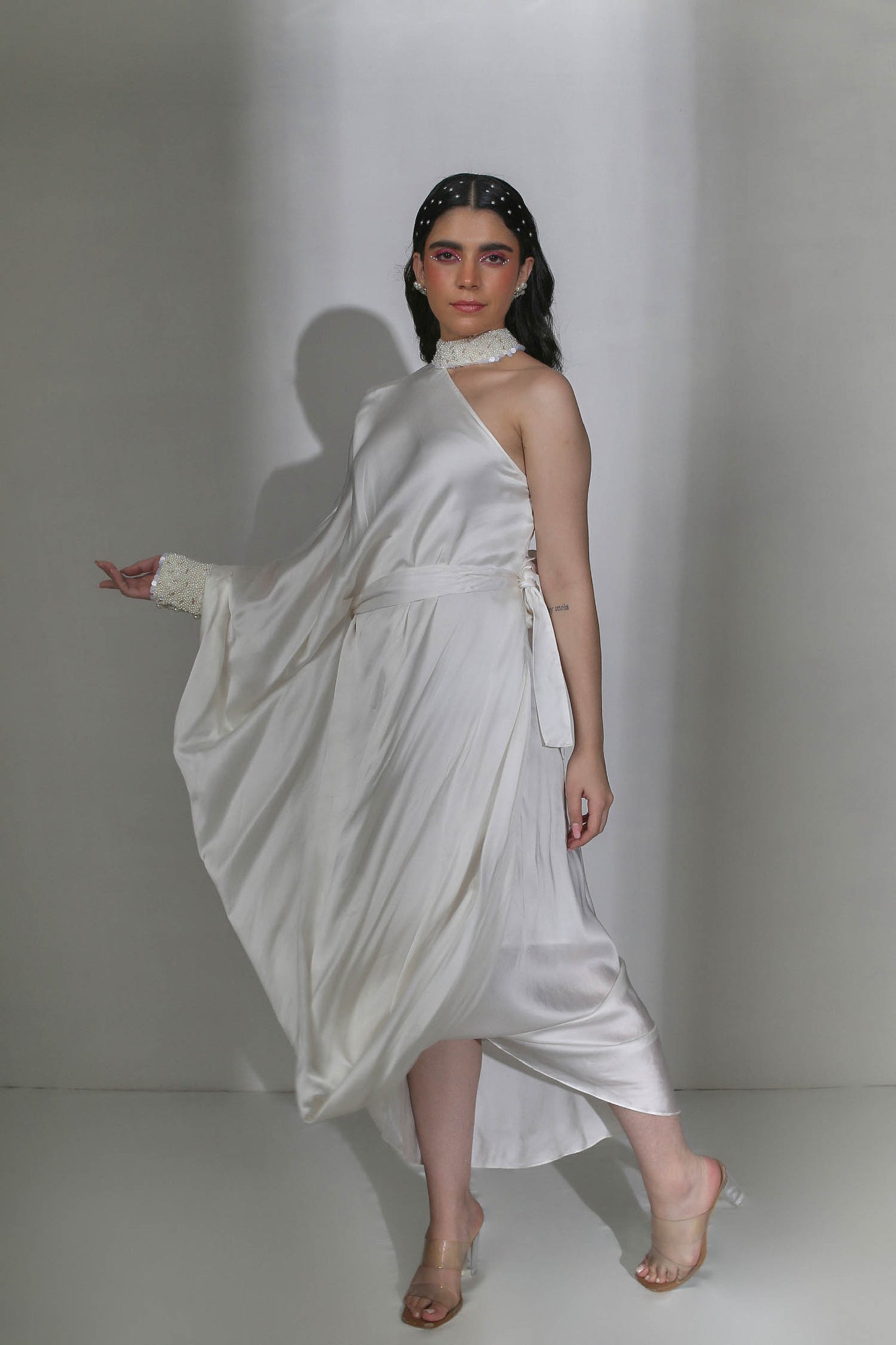 Lia - Ivory One Shoulder Cowl Draped Dress With Pearl Choker