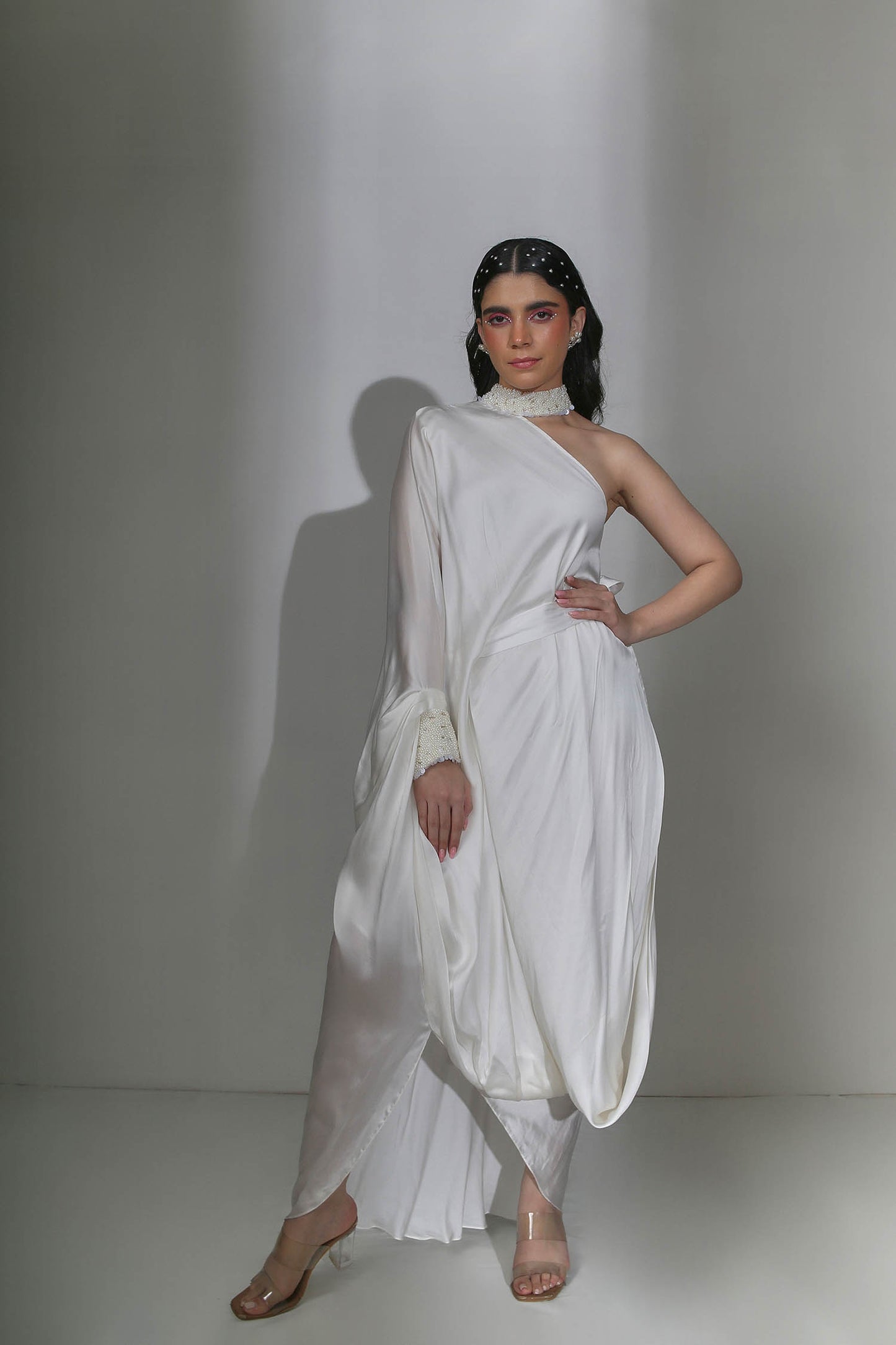 Lia - Ivory One Shoulder Cowl Draped Dress With Pearl Choker