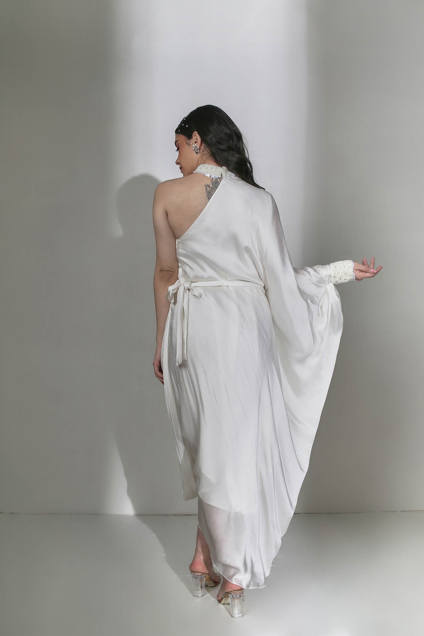 Lia - Ivory One Shoulder Cowl Draped Dress With Pearl Choker