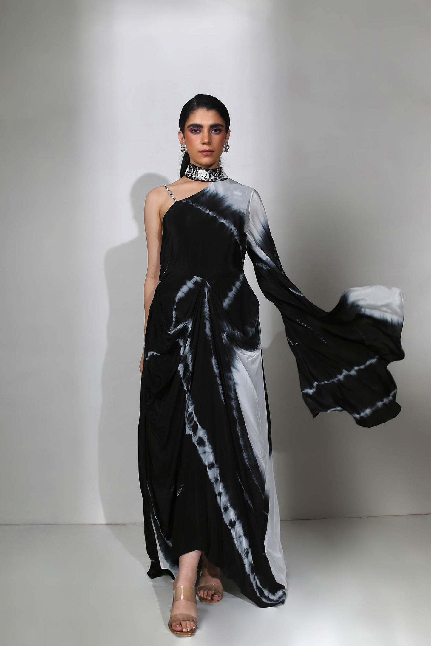 Amama - Black Tie Dye Draped Gown