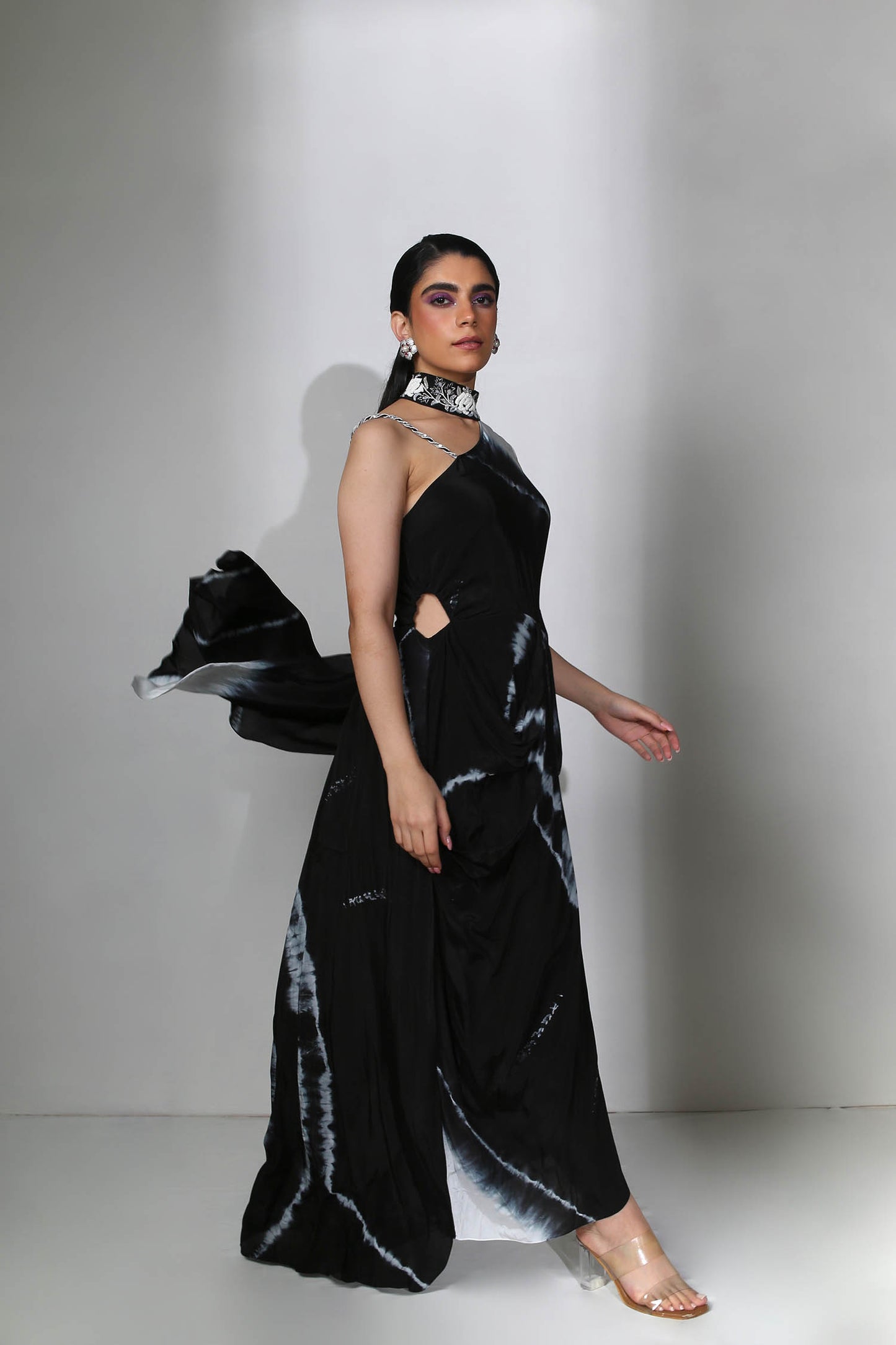 Amama - Black Tie Dye Draped Gown