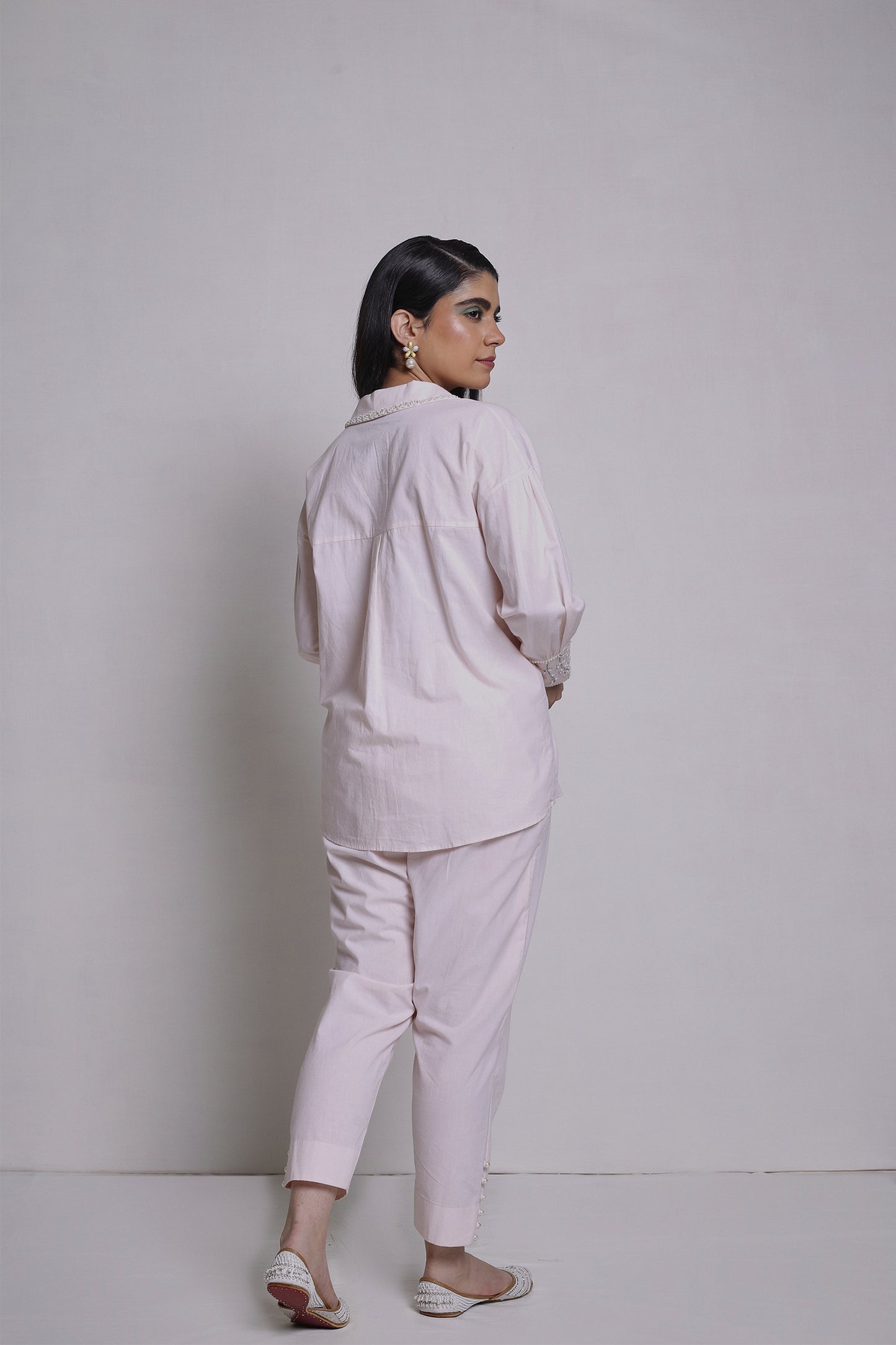 Kaia - Peach Shirt With Handwork on Collar and Cuffs