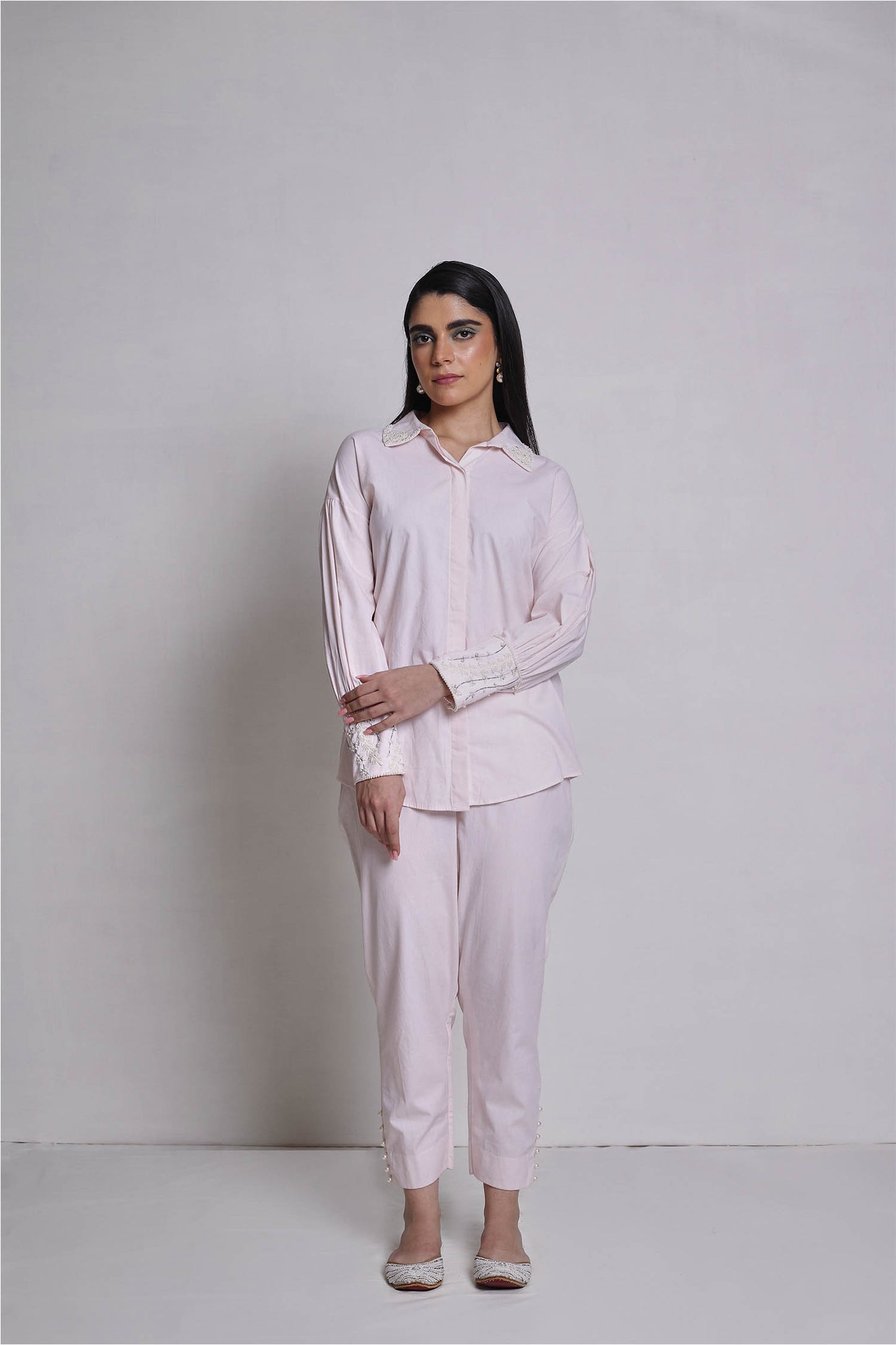 Kaia - Peach Shirt With Handwork on Collar and Cuffs