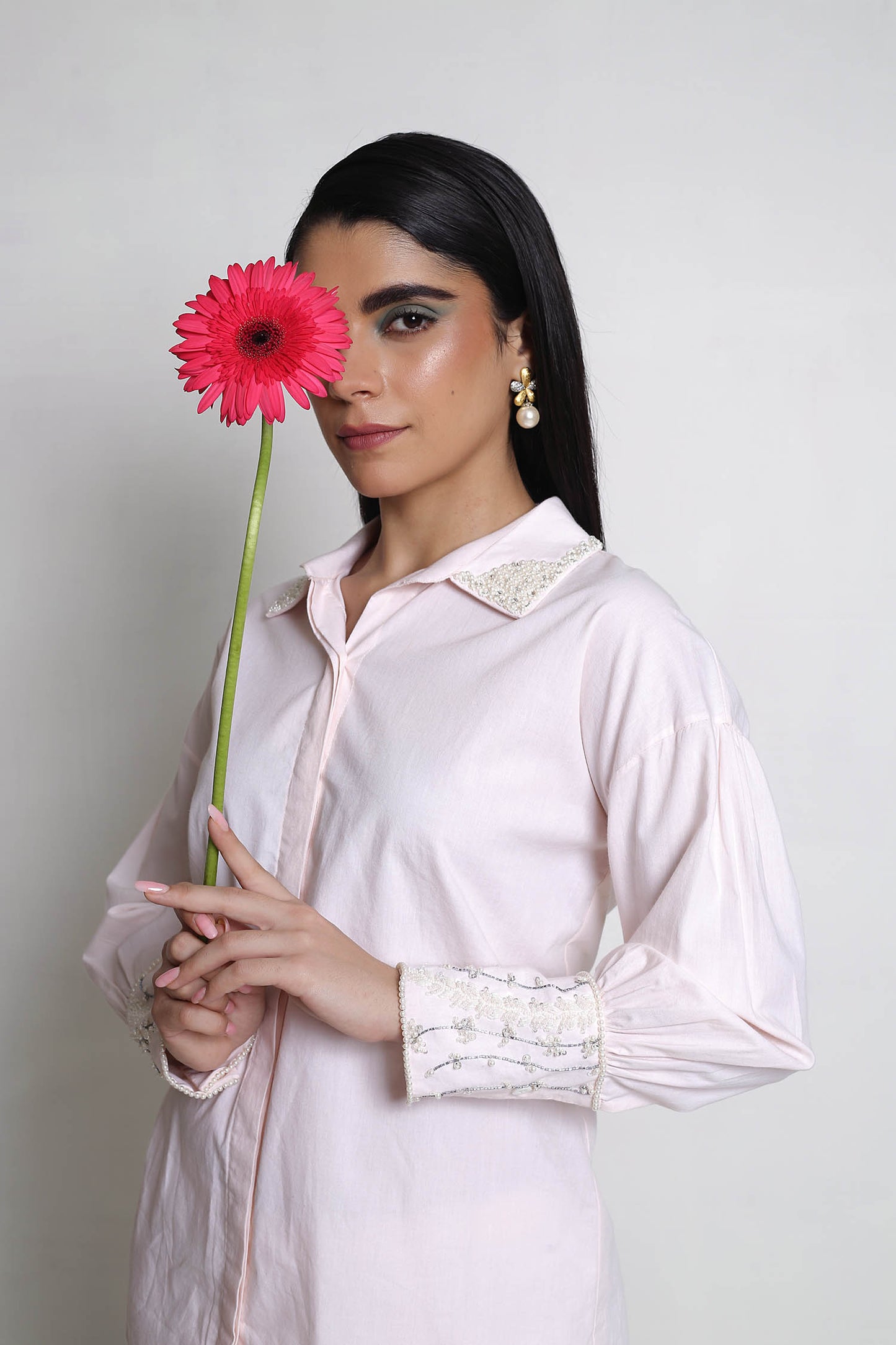 Kaia - Peach Shirt With Handwork on Collar and Cuffs