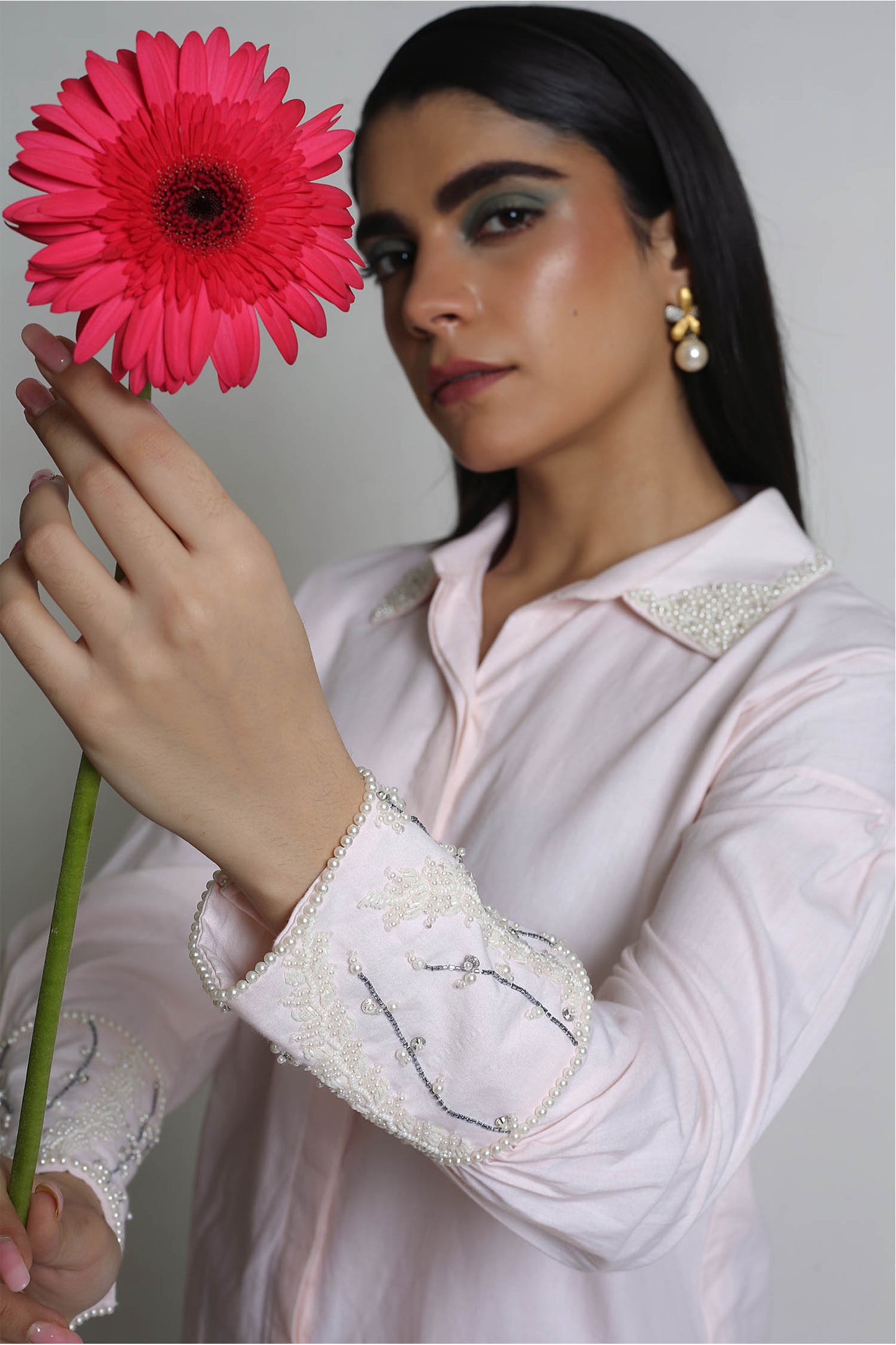 Kaia - Peach Shirt With Handwork on Collar and Cuffs