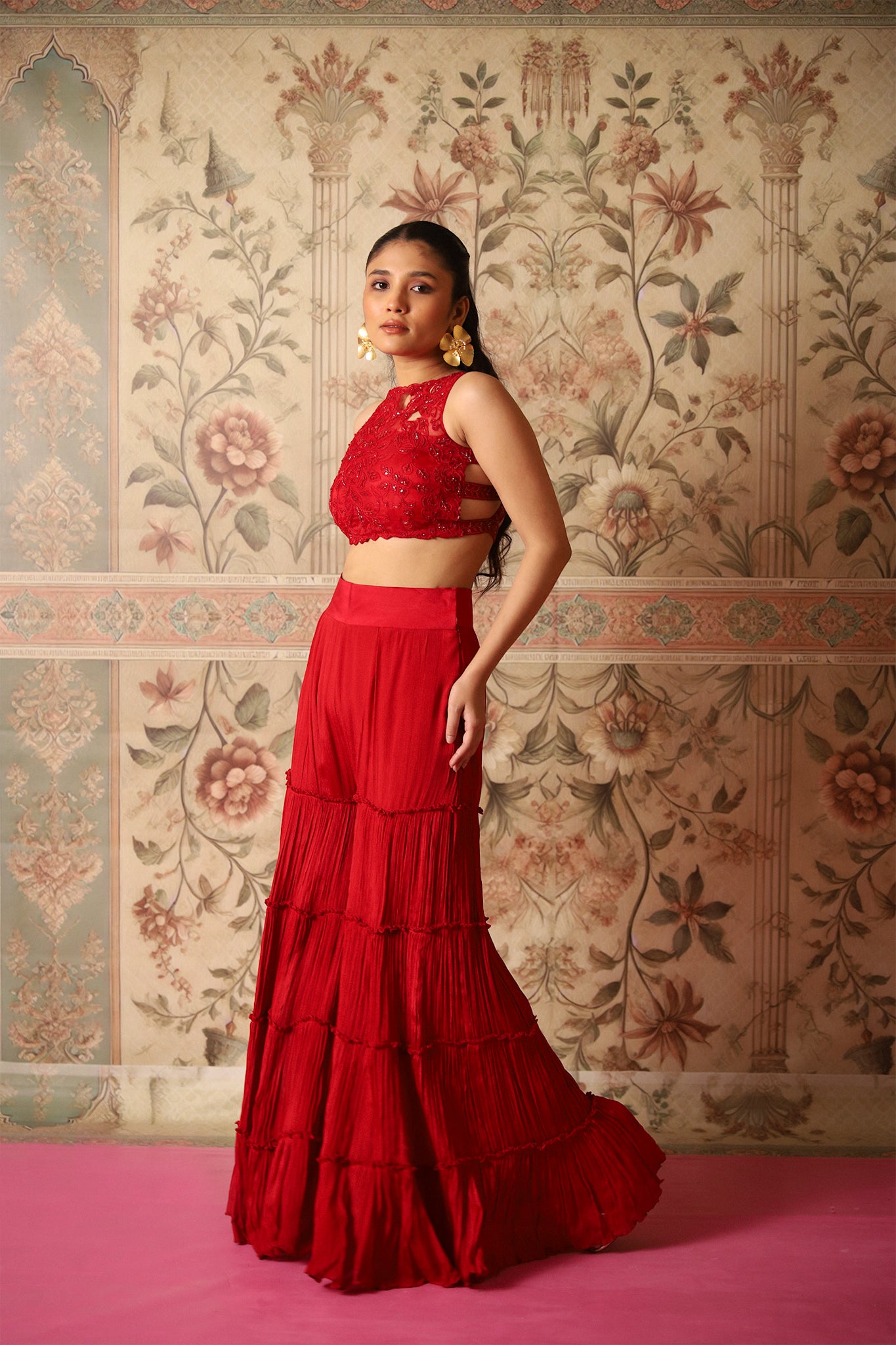 Mehr Red Cutwork Blouse, Ruffle Jacket & Layered Sharara