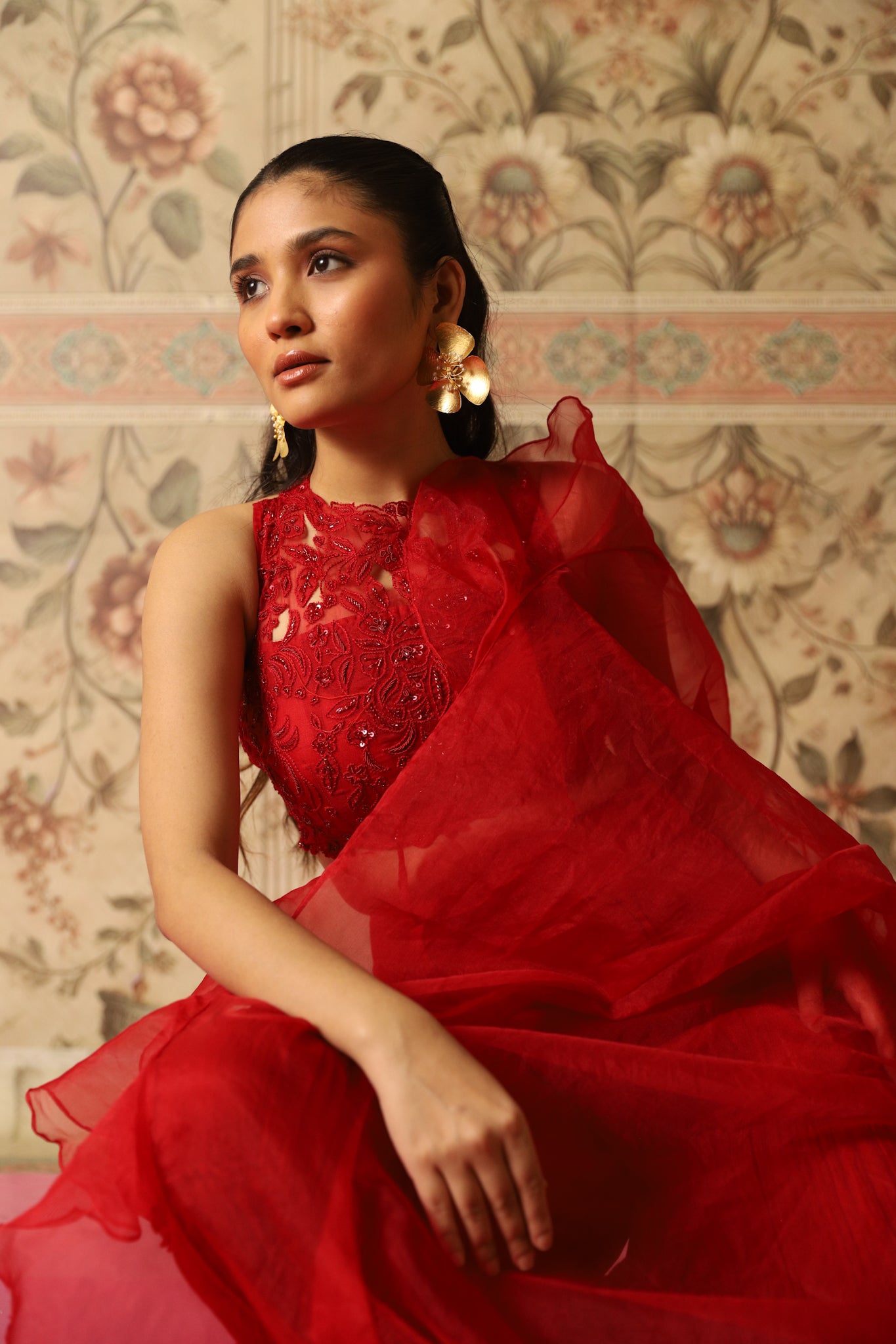 Mehr Red Cutwork Blouse, Ruffle Jacket & Layered Sharara