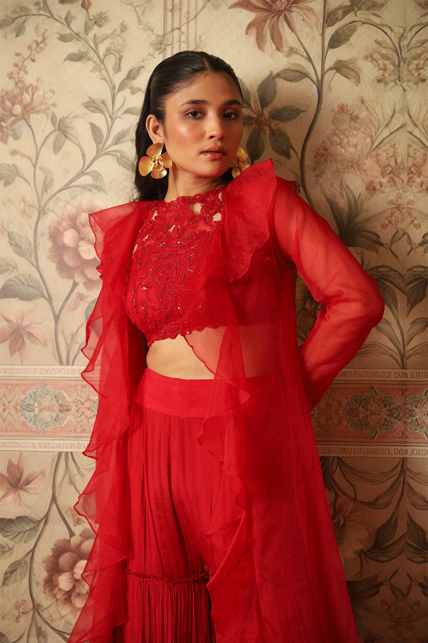 Mehr Red Cutwork Blouse, Ruffle Jacket & Layered Sharara