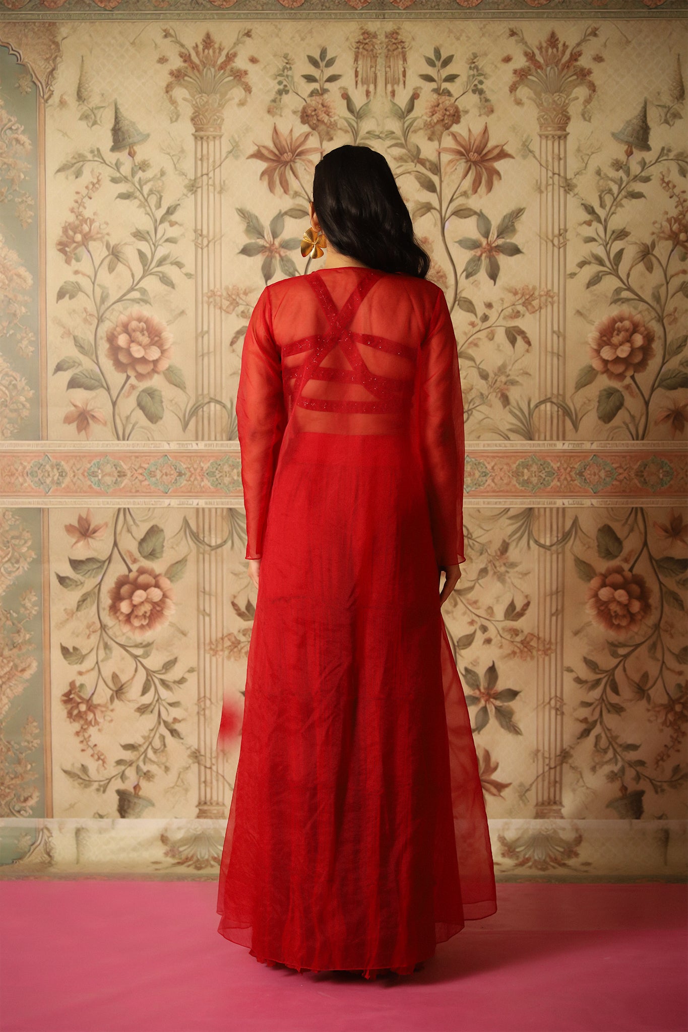 Mehr Red Cutwork Blouse, Ruffle Jacket & Layered Sharara