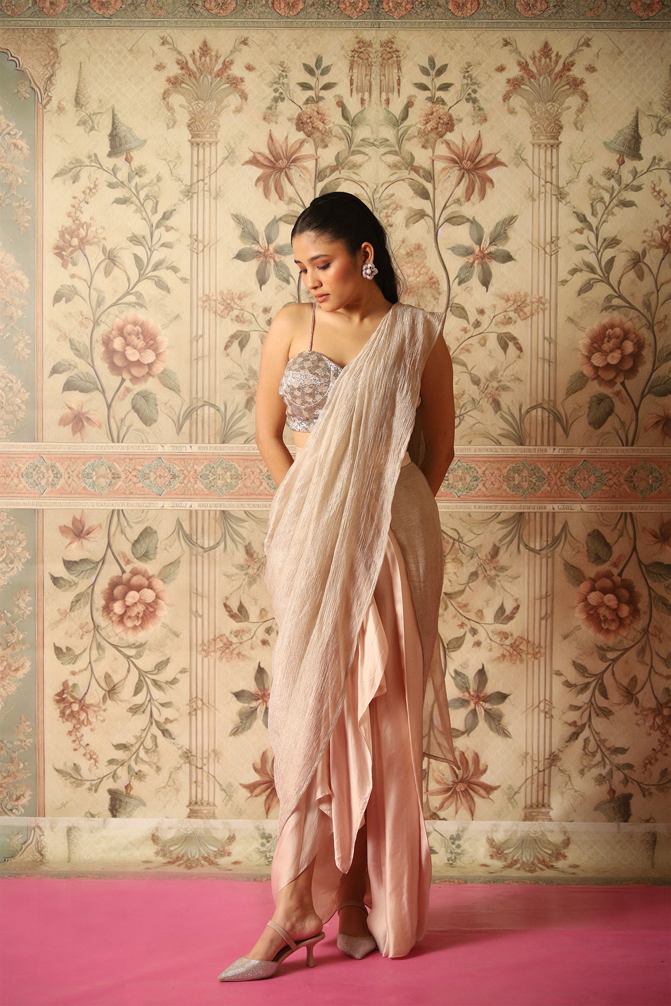 Nour Champagne Bustier Blouse & Tissue Pre-Draped Saree