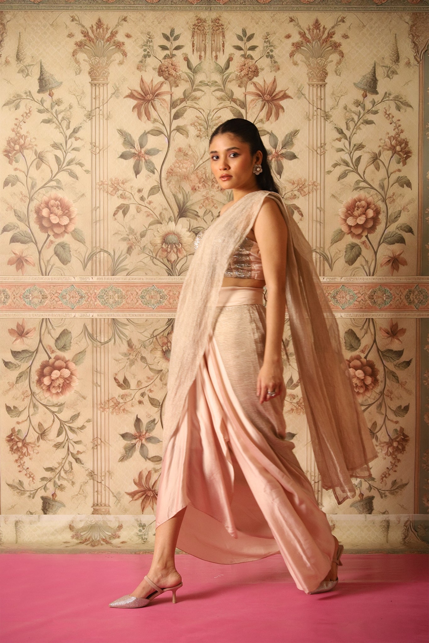Nour Champagne Bustier Blouse & Tissue Pre-Draped Saree