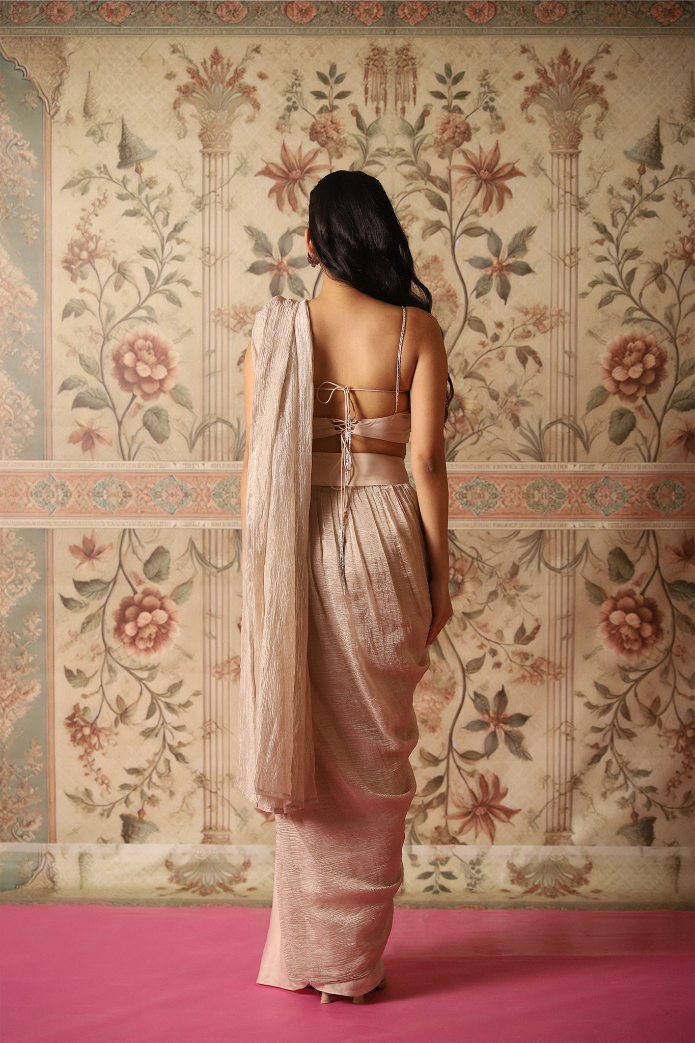 Nour Champagne Bustier Blouse & Tissue Pre-Draped Saree