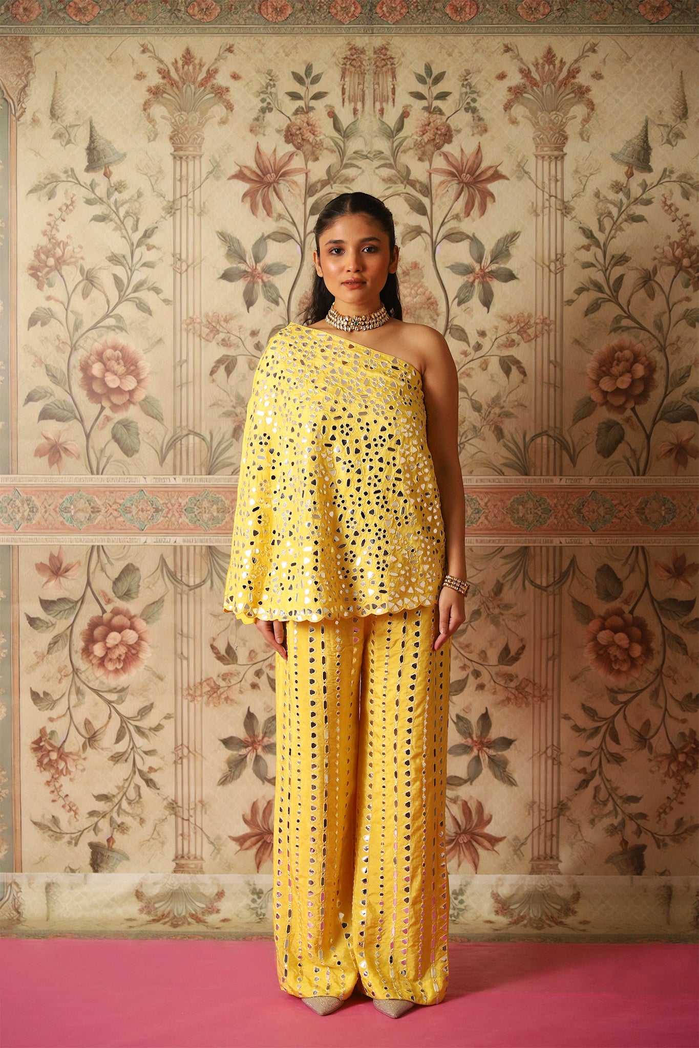 Sahiba Sunshine Yellow One Shoulder Cape and Flared Pants with Mirror Work