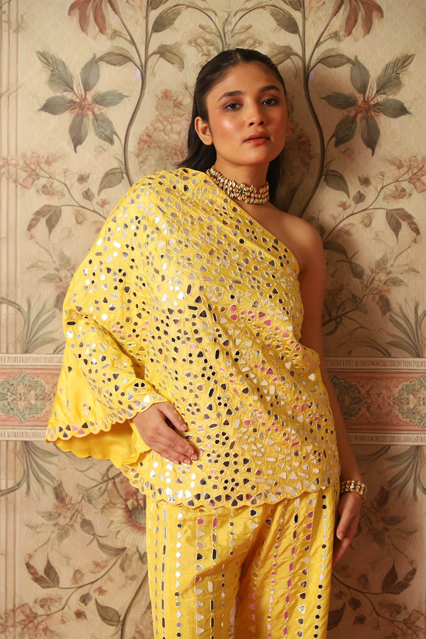 Sahiba Sunshine Yellow One Shoulder Cape and Flared Pants with Mirror Work