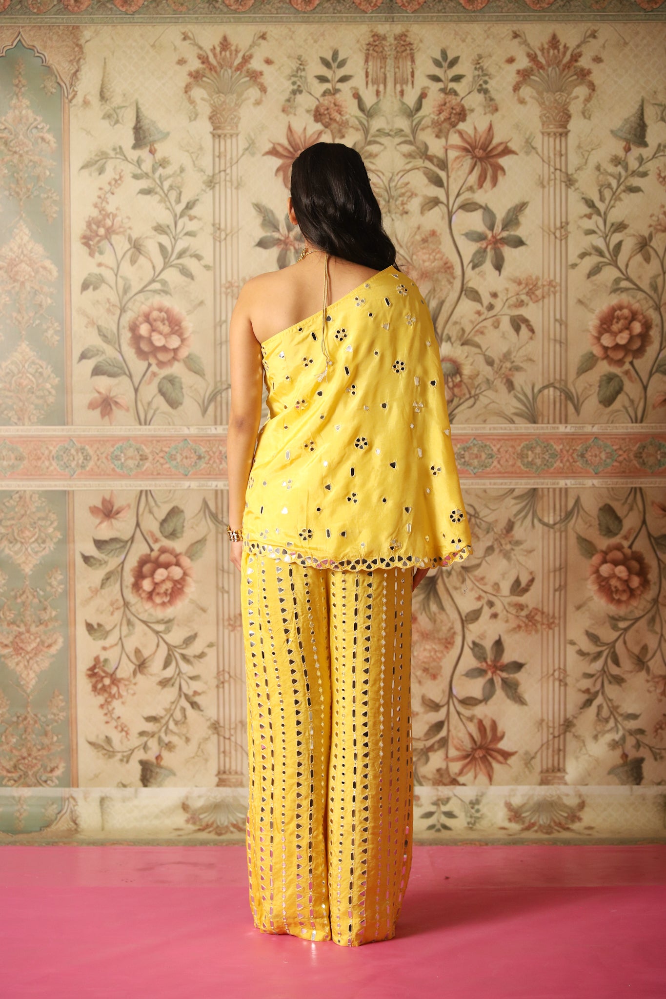 Sahiba Sunshine Yellow One Shoulder Cape and Flared Pants with Mirror Work