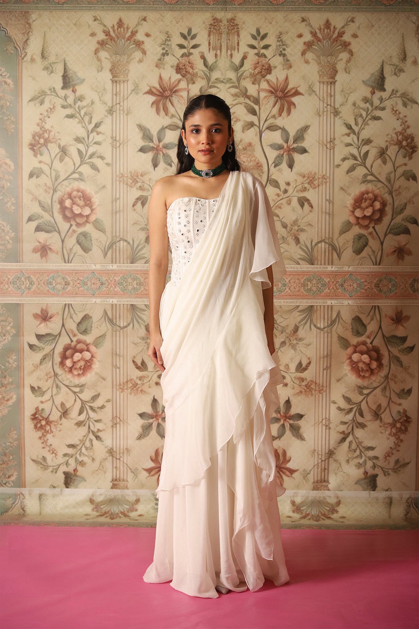 Vera Ivory Pre-Draped Ruffle Saree With an Ivory Corset Blouse