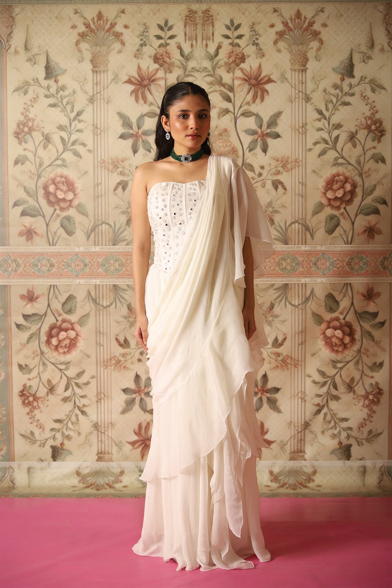 Vera Ivory Pre-Draped Ruffle Saree With an Ivory Corset Blouse