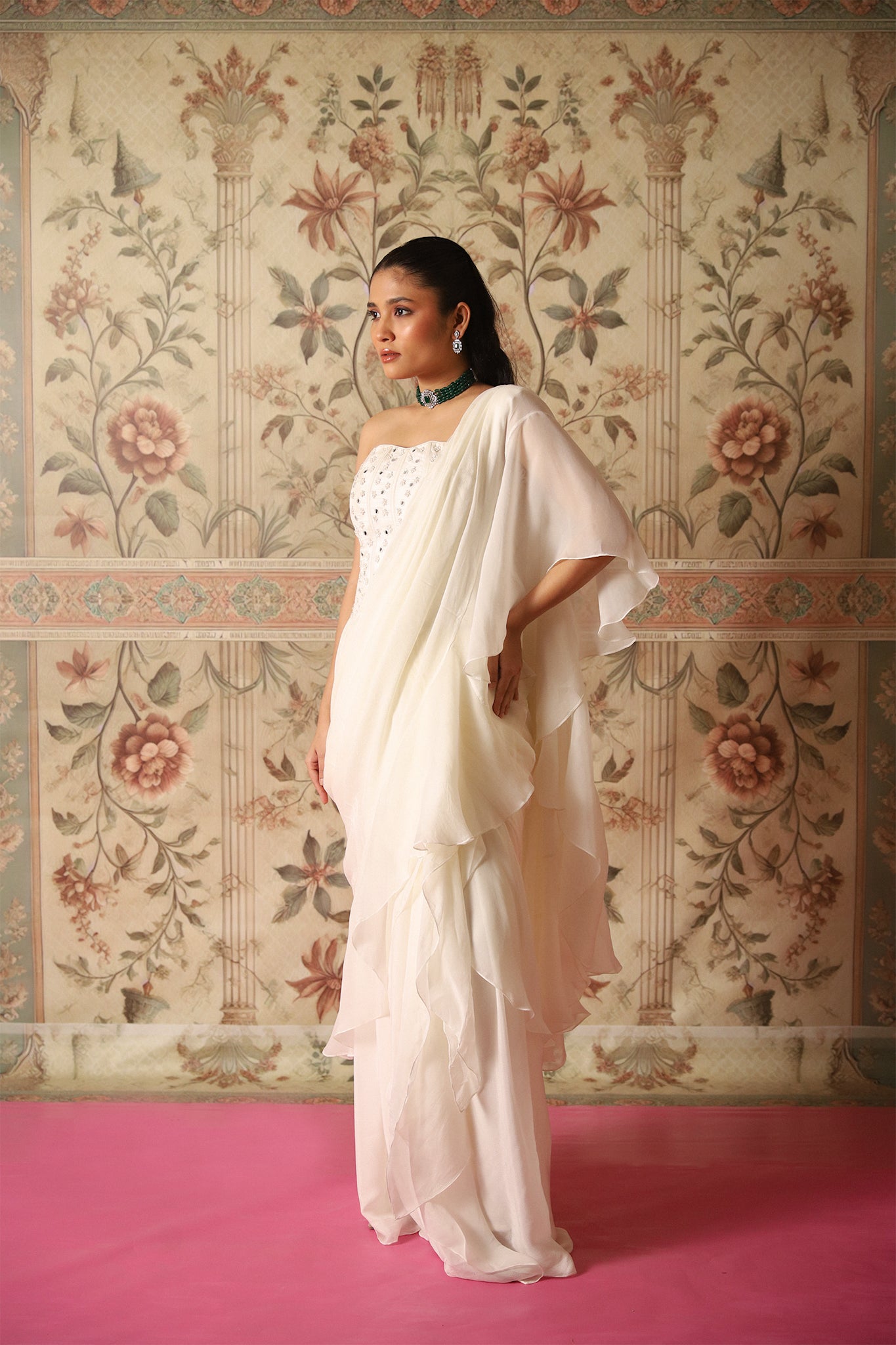 Vera Ivory Pre-Draped Ruffle Saree With an Ivory Corset Blouse