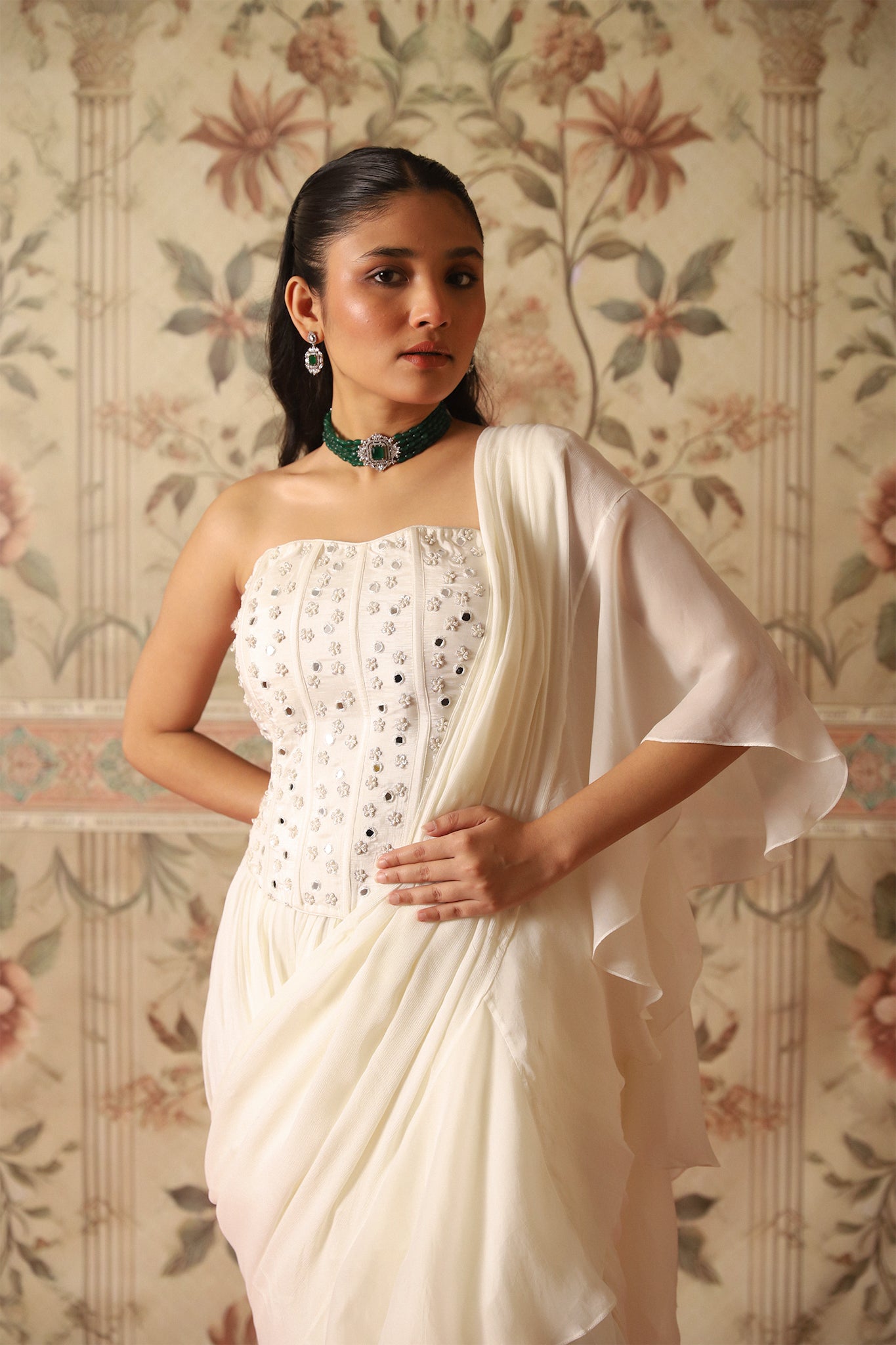 Vera Ivory Pre-Draped Ruffle Saree With an Ivory Corset Blouse