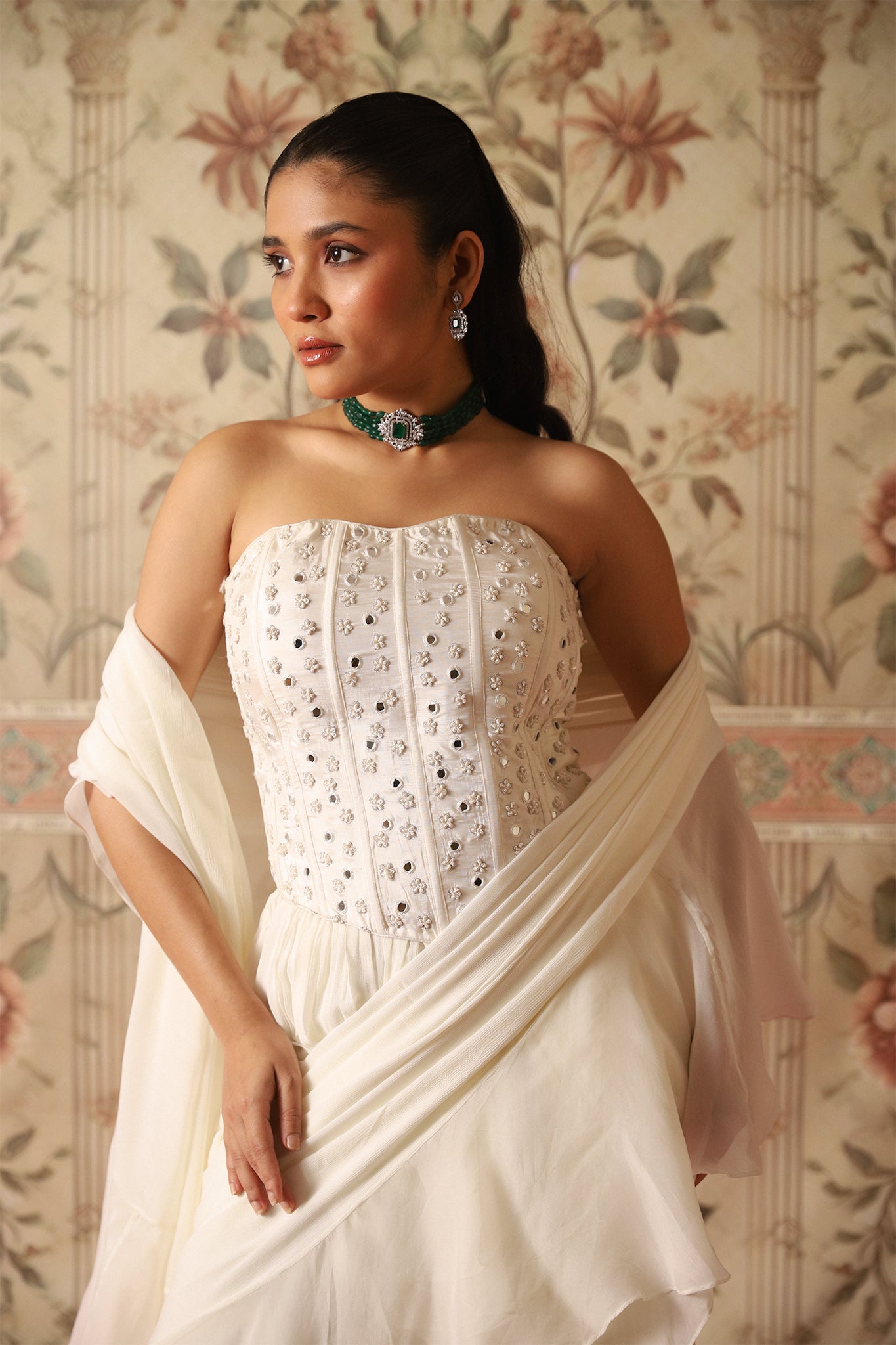 Vera Ivory Pre-Draped Ruffle Saree With an Ivory Corset Blouse