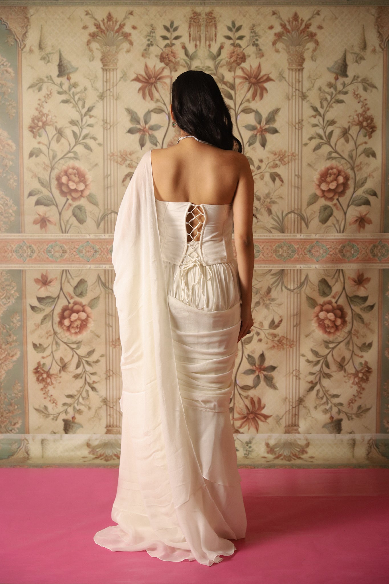 Vera Ivory Pre-Draped Ruffle Saree With an Ivory Corset Blouse