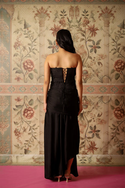 Amber Black Corset Blouse with Gold Embroidery & Draped Skirt