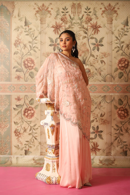 Aurelle Old Rose Pink One-Shoulder Cape & Flared Palazzos
