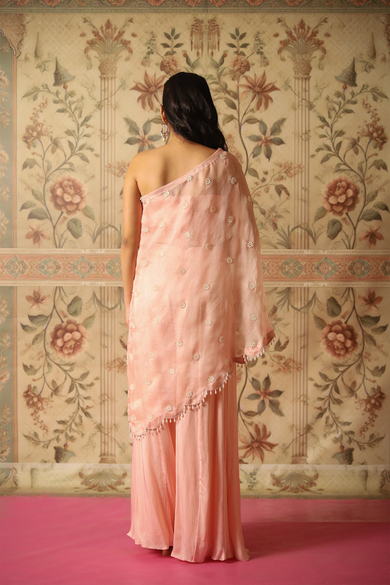 Aurelle Old Rose Pink One-Shoulder Cape & Flared Palazzos