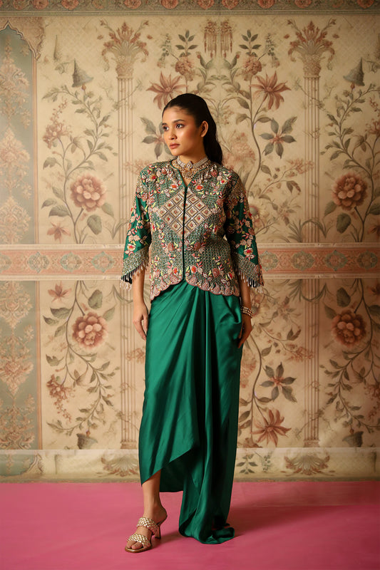 Ayla Green Multi Coloured Hand-Embroidered Threadwork Jacket and Draped Skirt