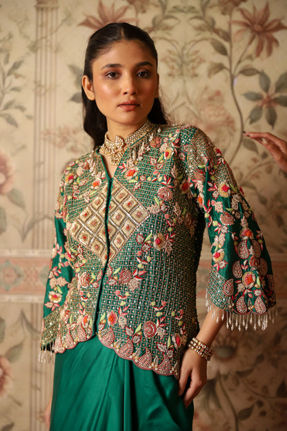 Ayla Green Multi Coloured Hand-Embroidered Threadwork Jacket and Draped Skirt