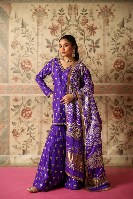 Bahaar Purple Gota Patti Kurta, Kalidaar Sharara & Bandhej Dupatta Set