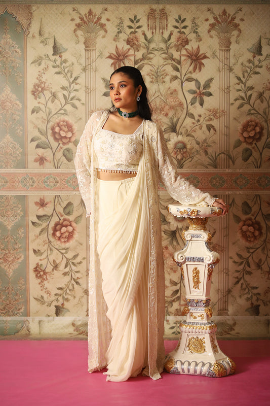Clara Ivory Pearl Work Jacket, Blouse & Pre-Draped Saree