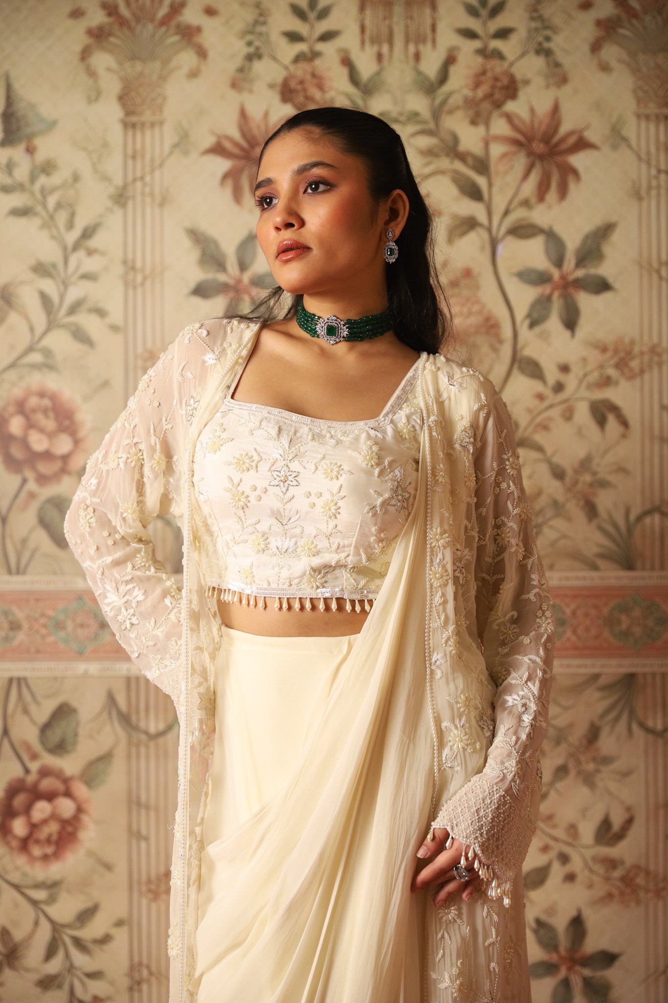 Clara Ivory Pearl Work Jacket, Blouse & Pre-Draped Saree