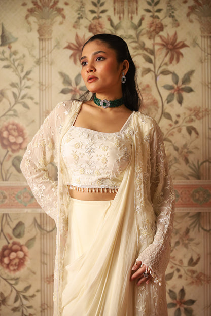 Clara Ivory Pearl Work Jacket, Blouse & Pre-Draped Saree