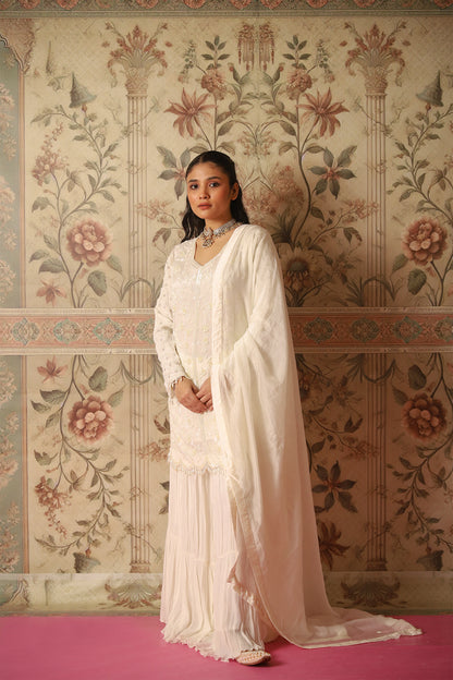 Esra Ivory Pearl Work Kurta and Sharara Set