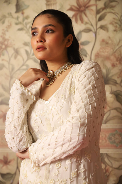 Esra Ivory Pearl Work Kurta and Sharara Set