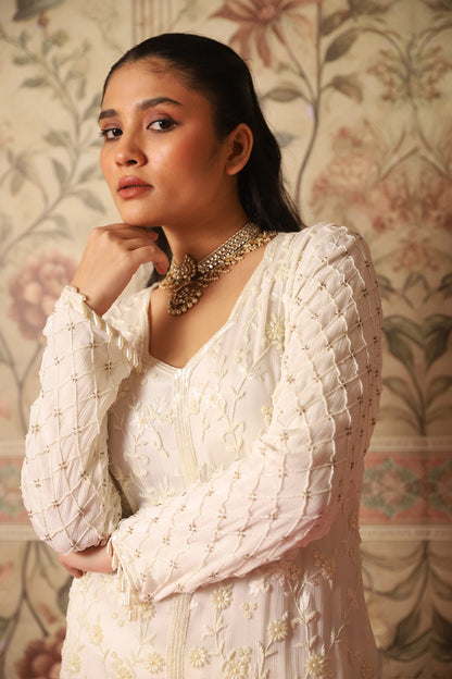 Esra Ivory Pearl Work Kurta and Sharara Set