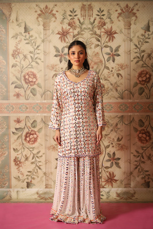 Ewaaz White Multi-Colour Mirror and Thread Work Gharara & Kurta Set