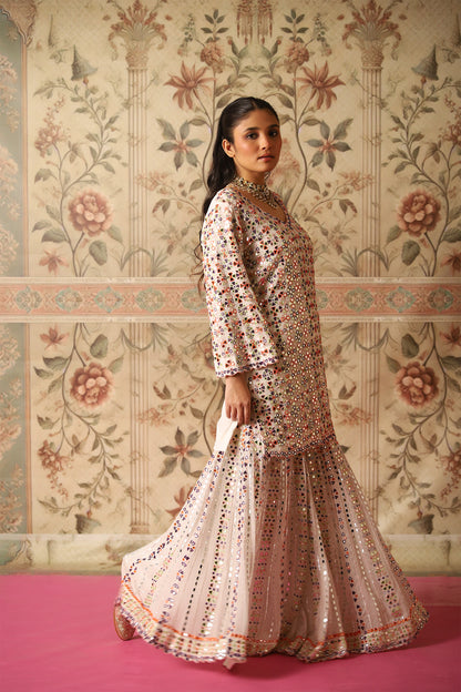 Ewaaz White Multi-Colour Mirror and Thread Work Gharara & Kurta Set