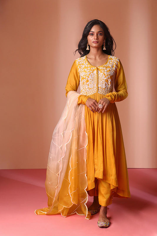 Aayah - Mustard Yellow High-Low Anarkali with Ombre Dupatta