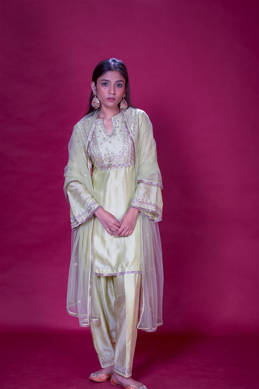 Aaira - Lime Green Short Kurta & Pakistani Salwaar