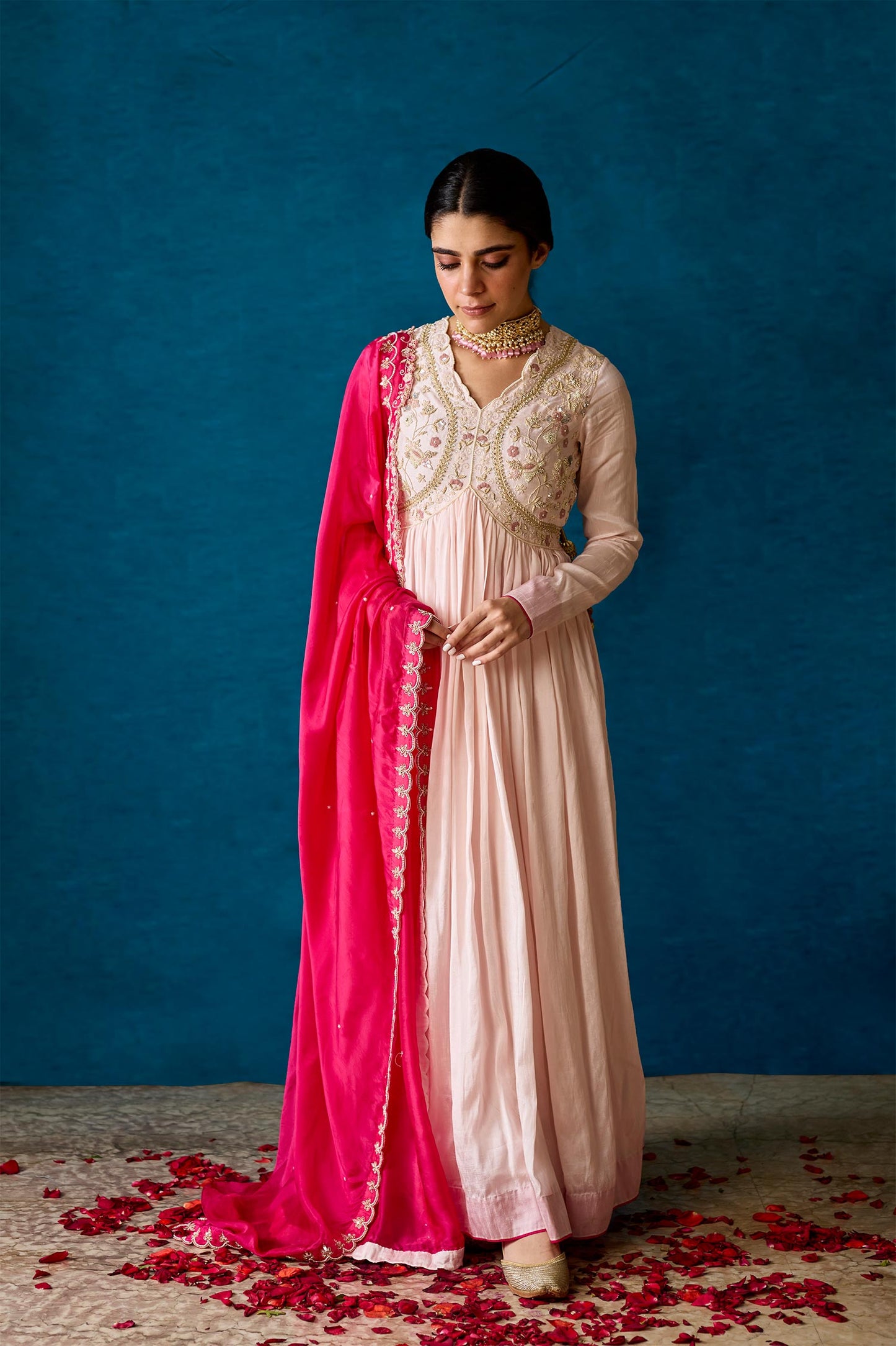 Amaya - Light Pink Anarkali with Gazing & Deep V Neck