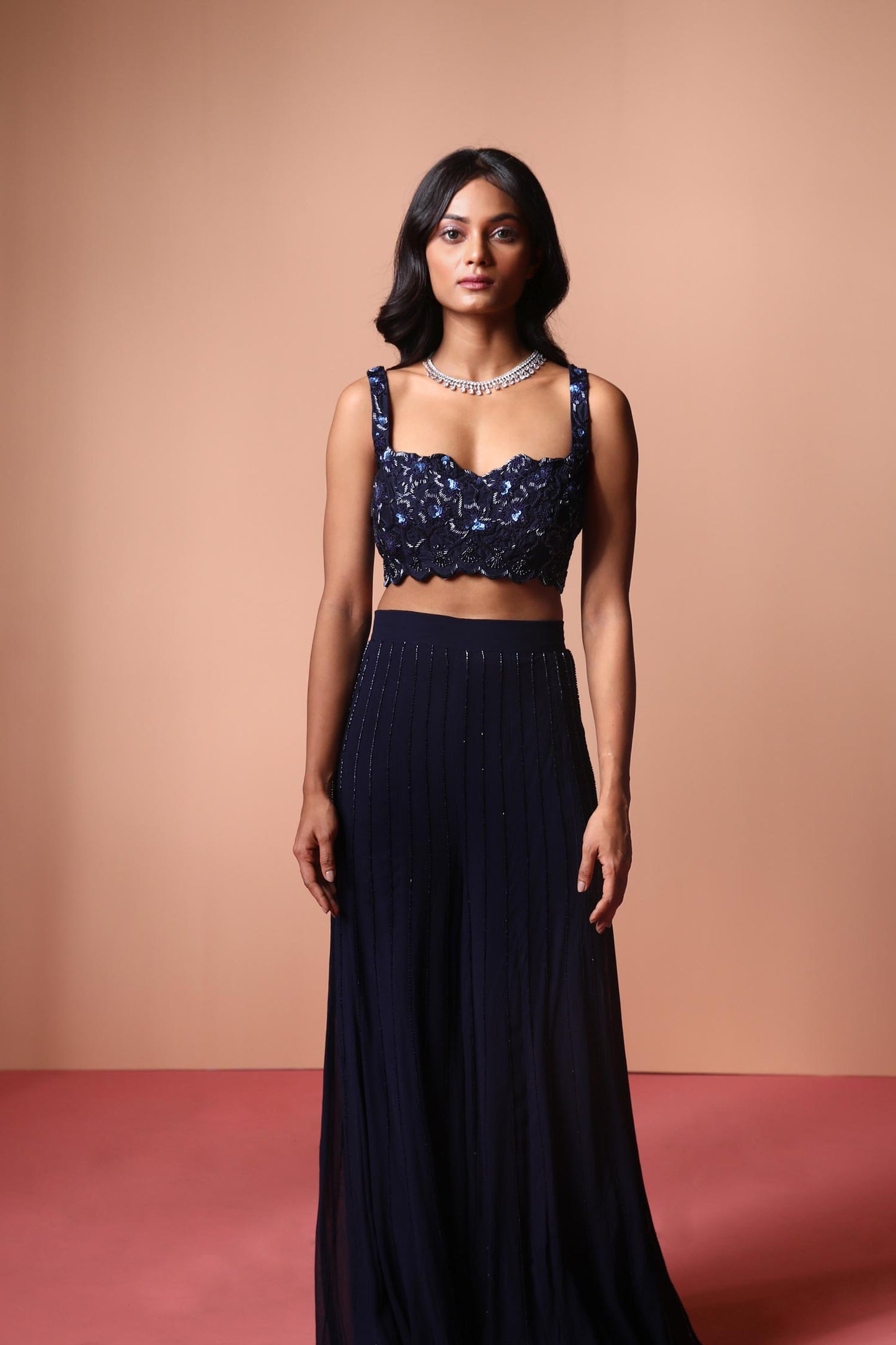 Riya Jain in Alaia - Navy Blue Bustier, Organza Jacket & Palazzos