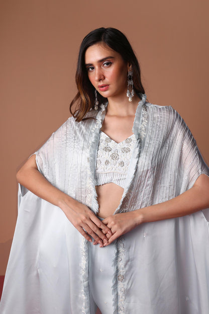 Amber - Pastel Blue Cape Blouse & Embroidered Flared Palazzos