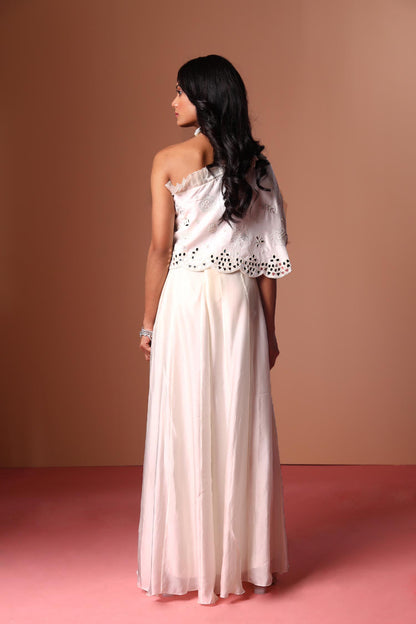 Inara - Ivory One Shoulder Cape & Flared Palazzos