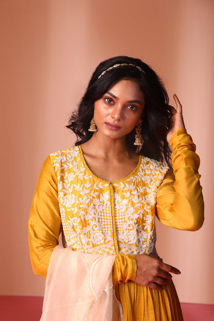 Aayah - Mustard Yellow High-Low Anarkali with Ombre Dupatta