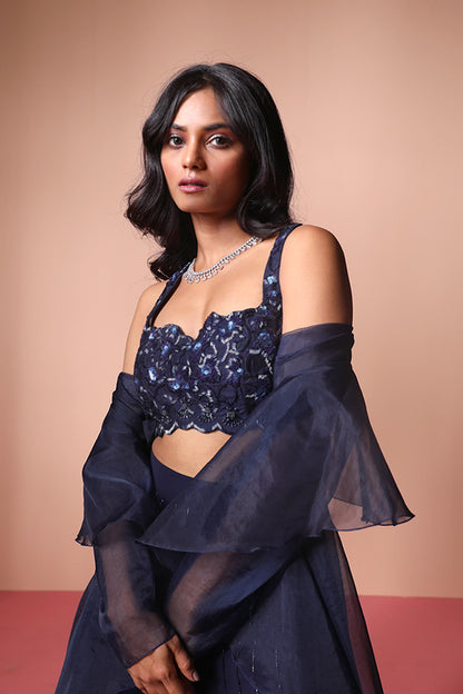 Riya Jain in Alaia - Navy Blue Bustier, Organza Jacket & Palazzos