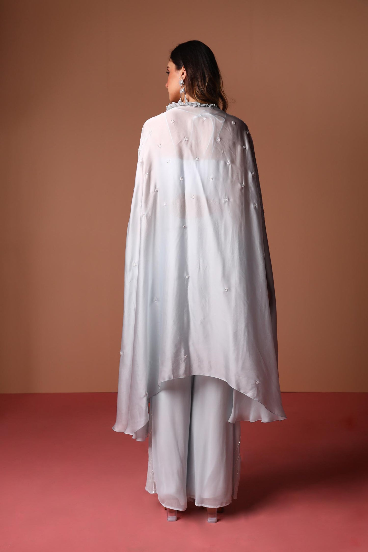 Amber - Pastel Blue Cape Blouse & Embroidered Flared Palazzos