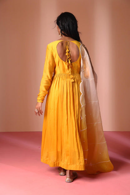 Aayah - Mustard Yellow High-Low Anarkali with Ombre Dupatta