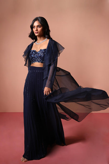 Riya Jain in Alaia - Navy Blue Bustier, Organza Jacket & Palazzos